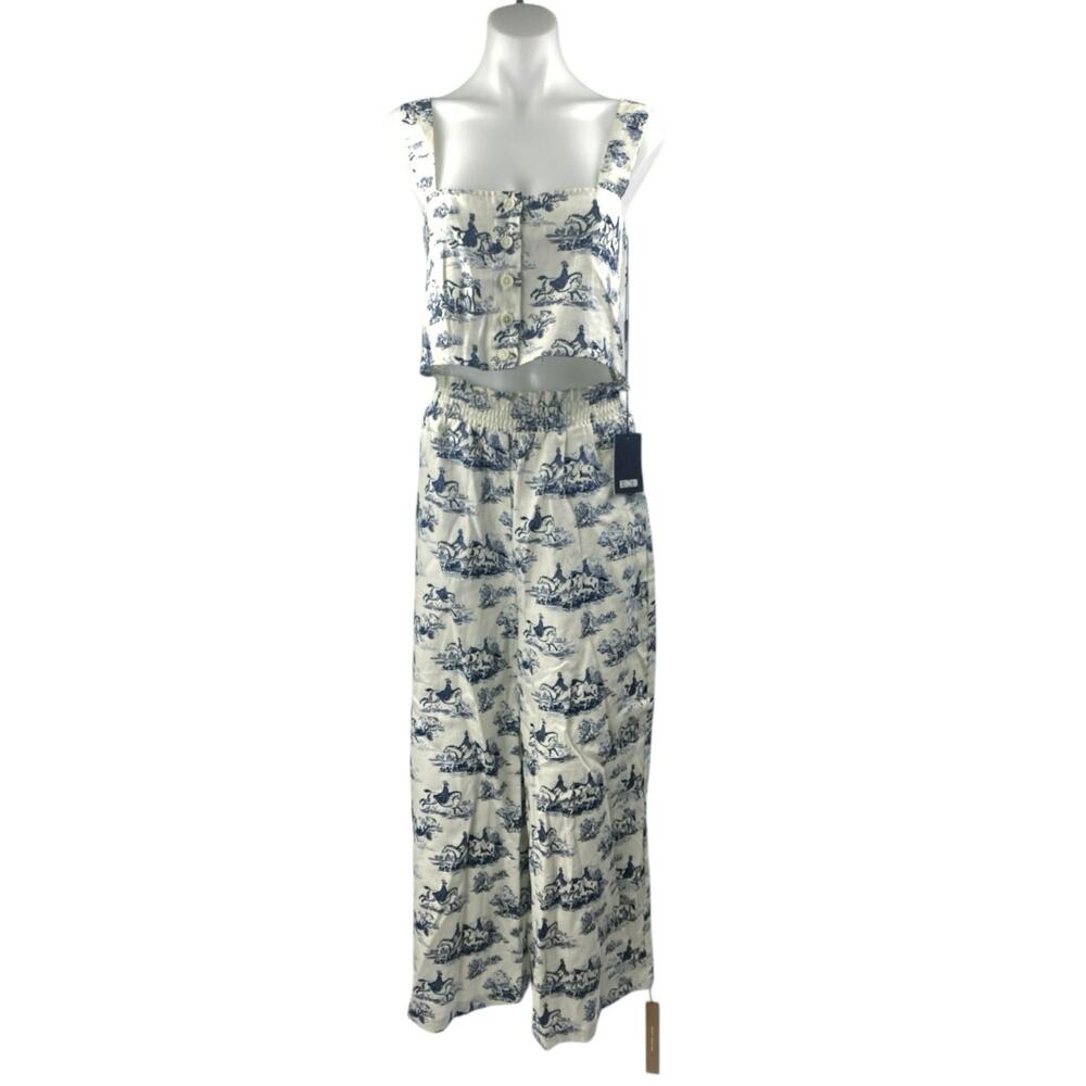 NEW Reformation 100% Linen White Blue Printed Crop Tank Top & Trousers Set Sz M